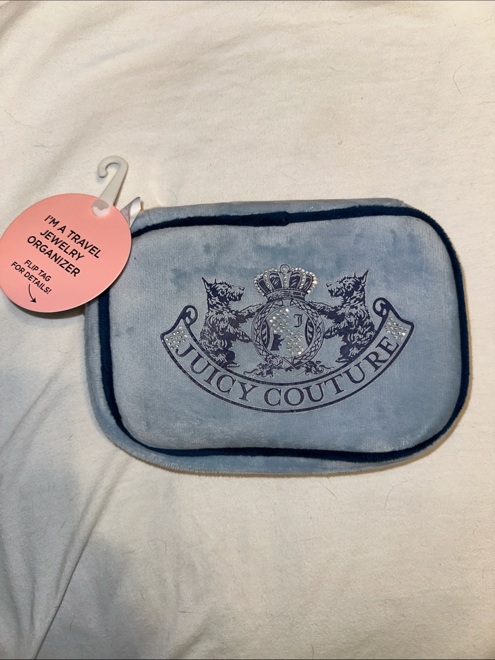 Juicy Couture Light Blue Velvet Travel Jewelry Pouch with Navy Trim